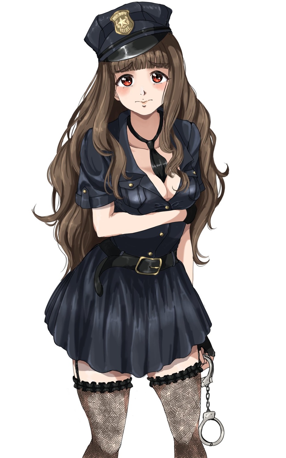 breast_hold, fishnets, gatsby_ssl, kamiya_nao, no_bra, open_shirt, police_uniform, stockings, the_idolm@ster, the_idolm@ster_cinderella_girls, thighhighs