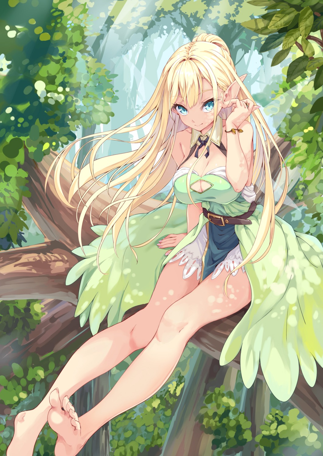 cleavage, dress, elf, feet, hinoki_yuu, pointy_ears, wings