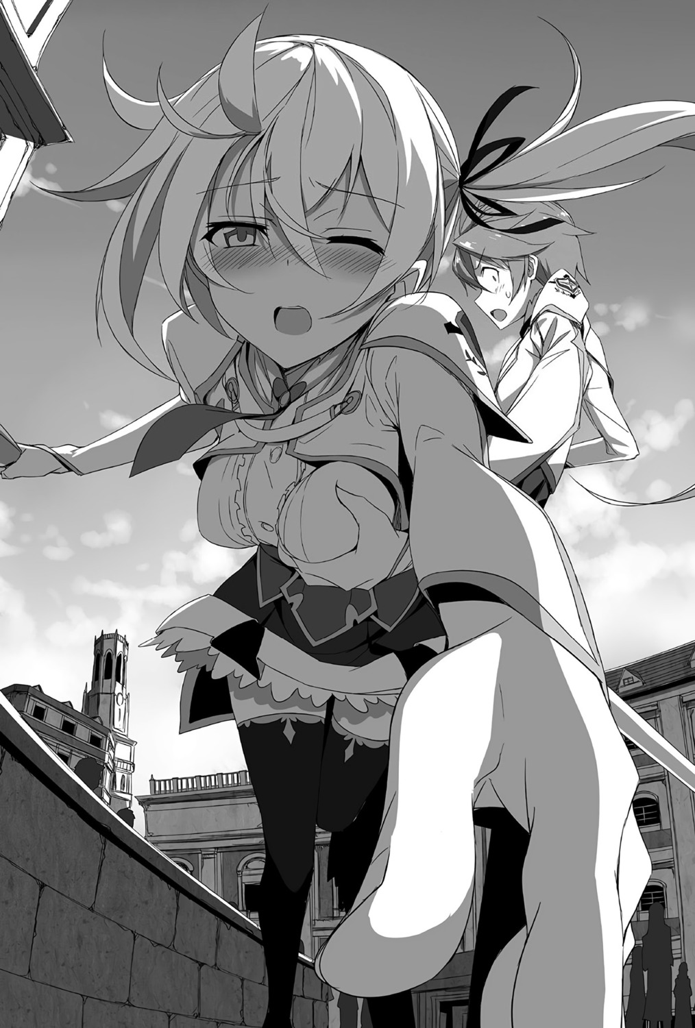 breast_grab, kasuga_ayumu_(artist), lisesharte_atismata, monochrome, saijaku_muhai_no_bahamut, seifuku, thighhighs