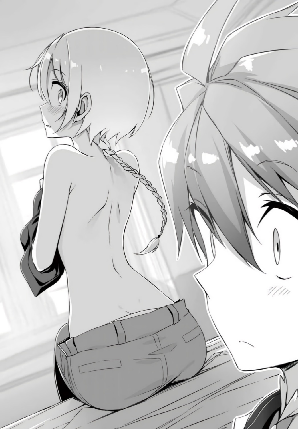 aeril_vi_arcadia, breast_hold, coral_esther, kasuga_ayumu_(artist), lux_arcadia, monochrome, saijaku_muhai_no_bahamut, topless