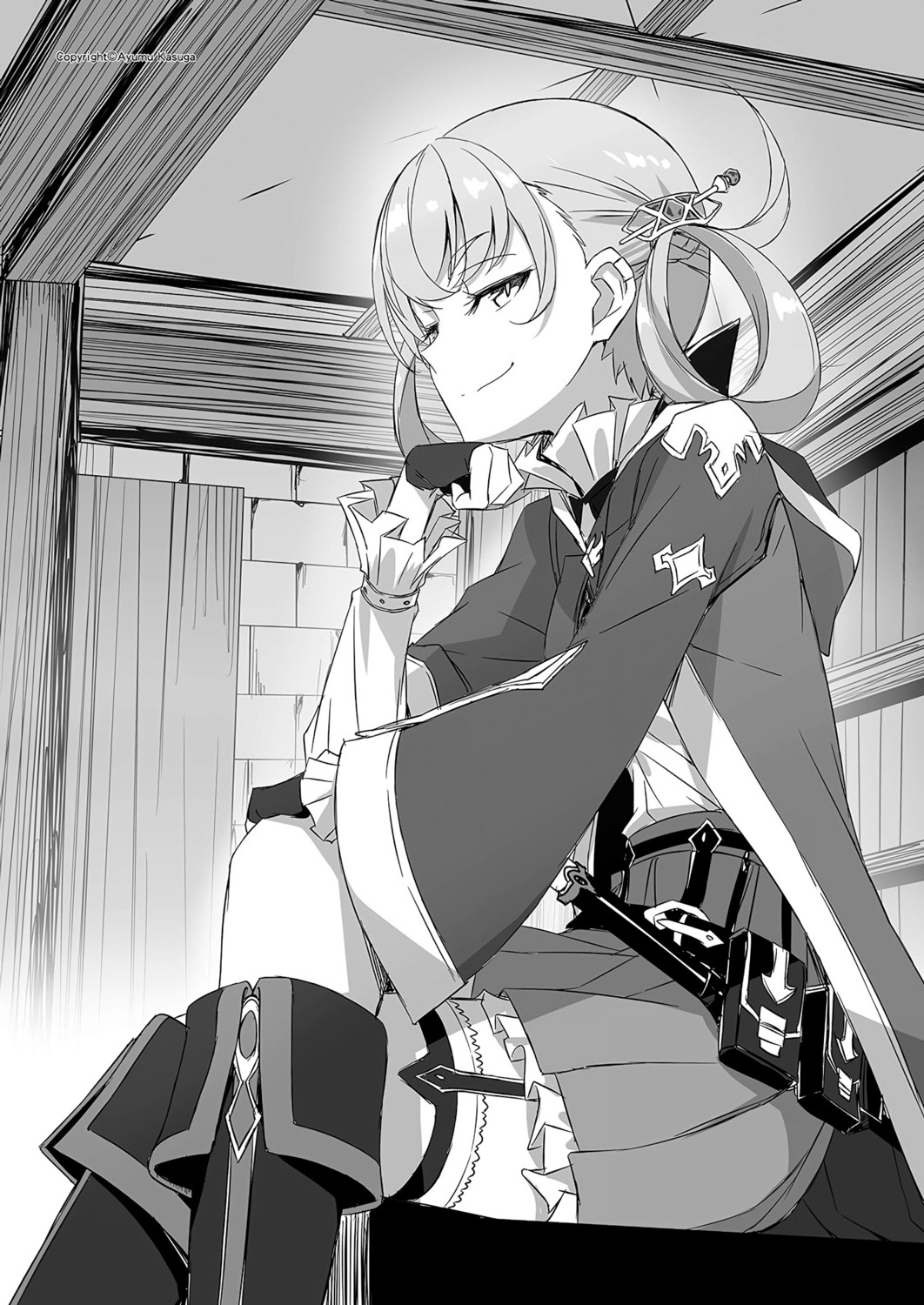 kasuga_ayumu_(artist), magialca_zen_vanfrick, monochrome, saijaku_muhai_no_bahamut, seifuku, stockings, sword, thighhighs