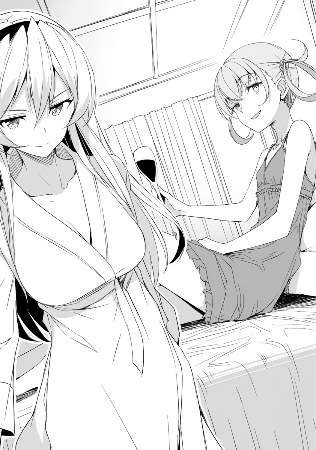 celistia_ralgris, cleavage, dress, kasuga_ayumu_(artist), magialca_zen_vanfrick, monochrome, robe, saijaku_muhai_no_bahamut