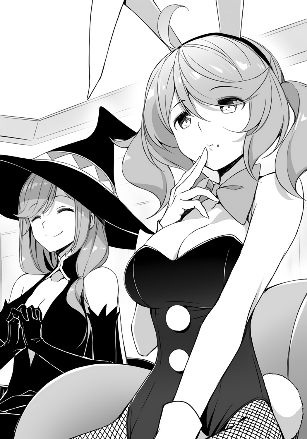 animal_ears, bunny_ears, bunny_girl, cleavage, fishnets, kasuga_ayumu_(artist), monochrome, pantyhose