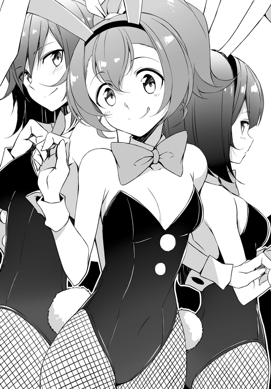 animal_ears, bunny_ears, bunny_girl, cleavage, fishnets, kasuga_ayumu_(artist), monochrome, noct_leaflet