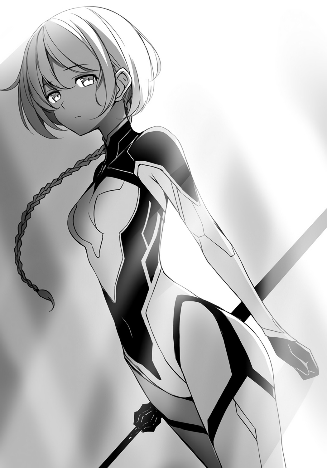 aeril_vi_arcadia, bodysuit, kasuga_ayumu_(artist), monochrome, saijaku_muhai_no_bahamut, sword