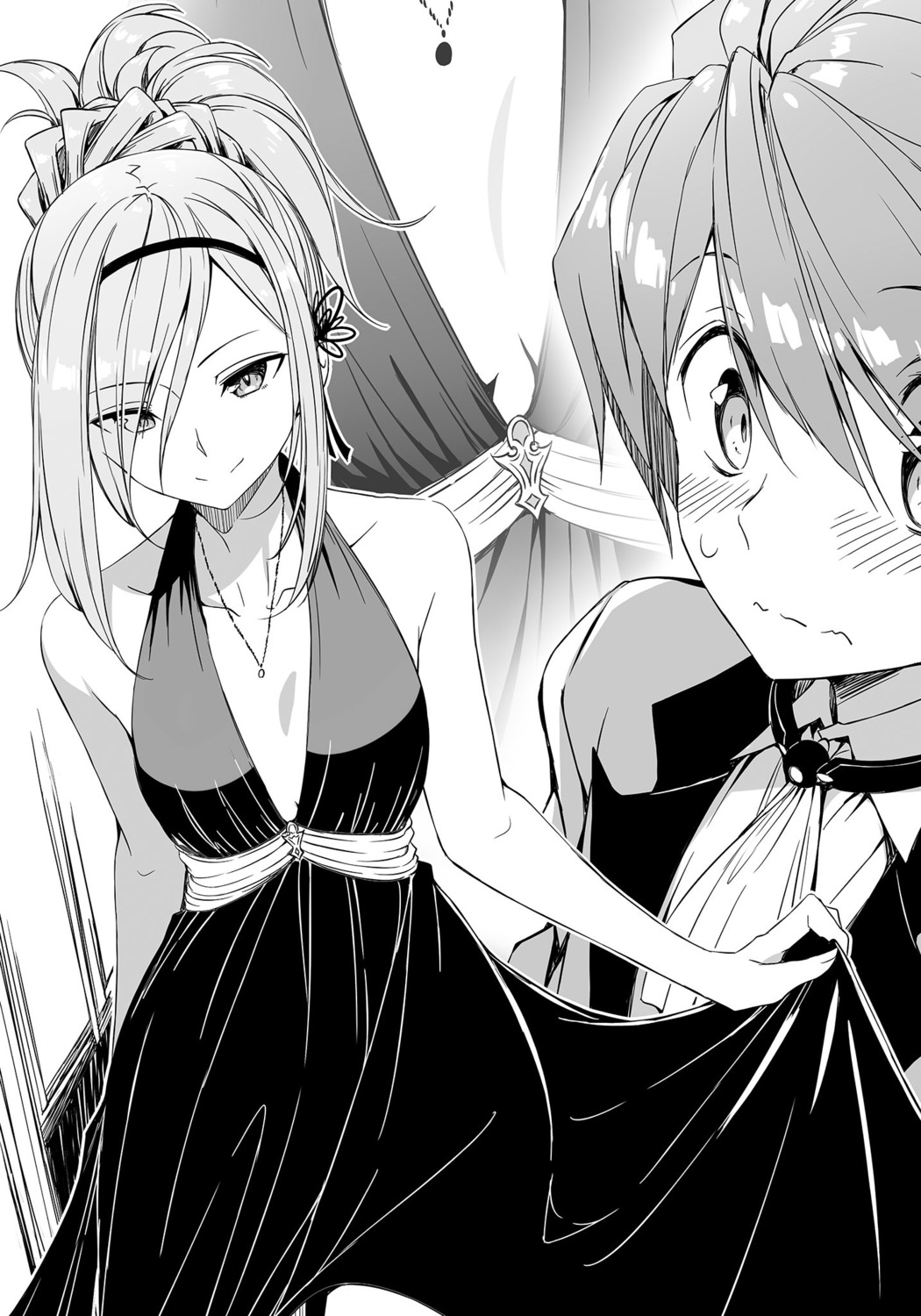 cleavage, dress, kasuga_ayumu_(artist), krulcifer_einfolk, lux_arcadia, monochrome, no_bra, saijaku_muhai_no_bahamut, skirt_lift