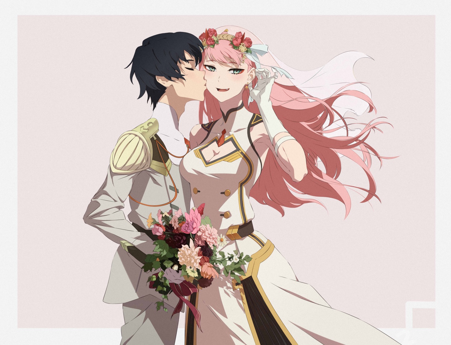 cleavage, darling_in_the_franxx, hiro_(darling_in_the_franxx), horns, uniform, zero_two_(darling_in_the_franxx), zzl