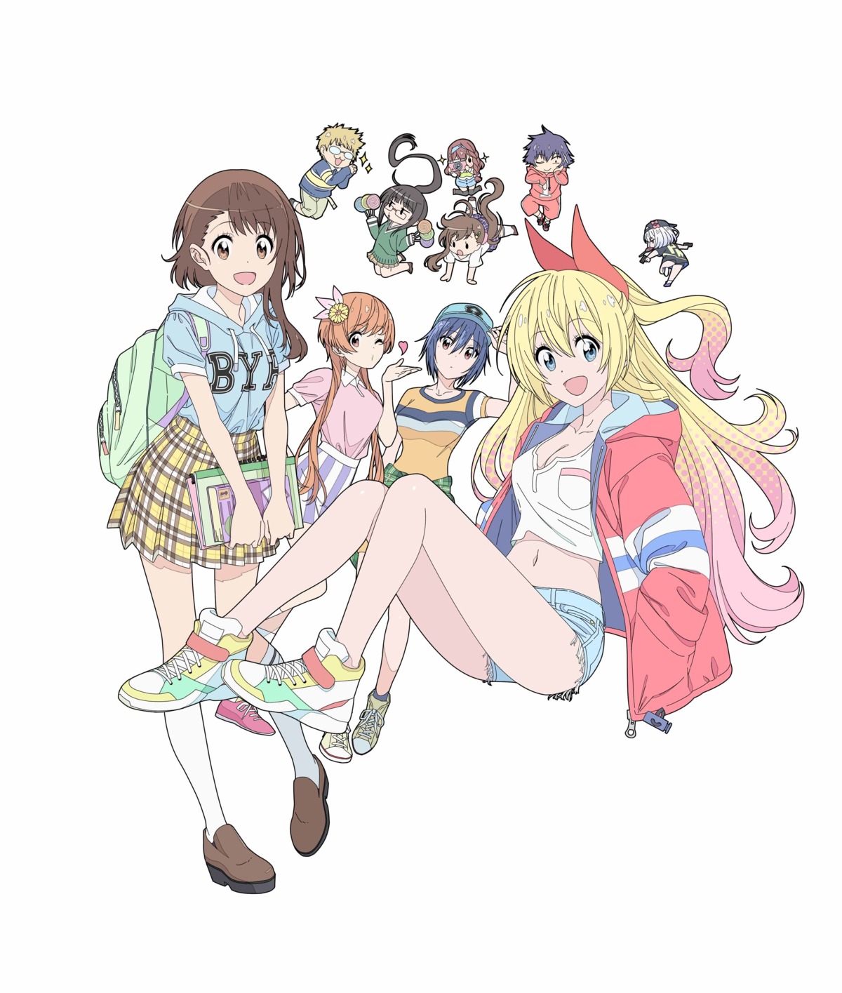 chibi, cleavage, gun, ichijou_raku, jpeg_artifacts, kirisaki_chitoge, maiko_shu, megane, miyamoto_ruri, nisekoi, onodera_haru, onodera_kosaki, paula_mccoy, sweater, tachibana_marika, tagme, tsugumi_seishirou