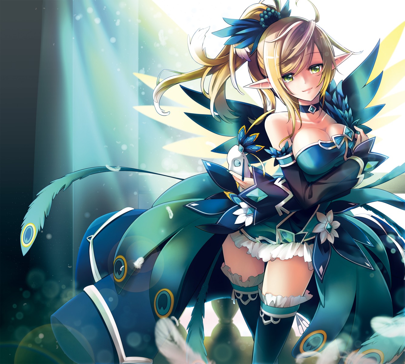 breast_hold, cleavage, elf, elsword, kuroshio_maki, pointy_ears, rena_(elsword), thighhighs