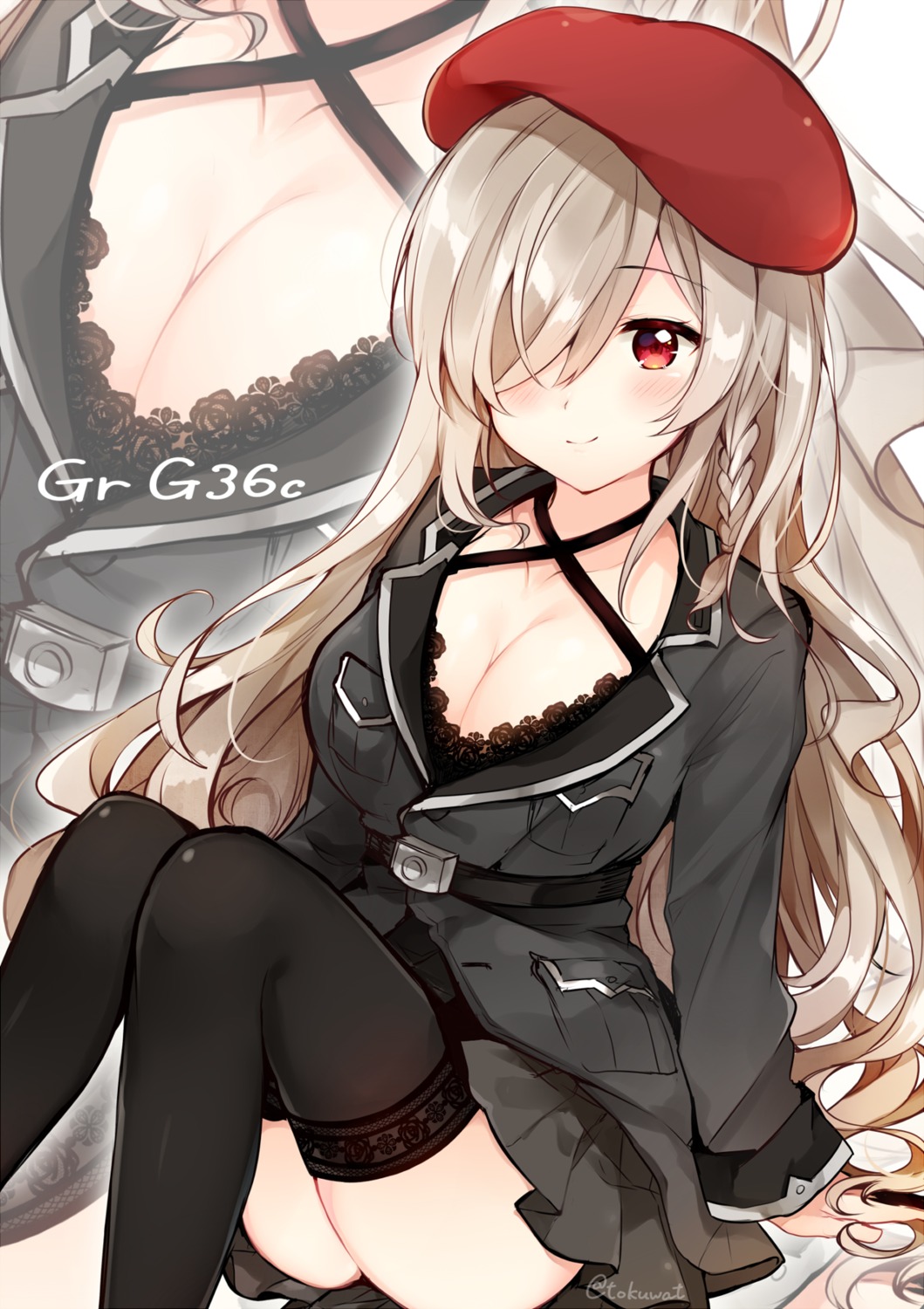 bra, cleavage, fukunoki_tokuwa, g36c_(girls_frontline), girls_frontline, open_shirt, thighhighs