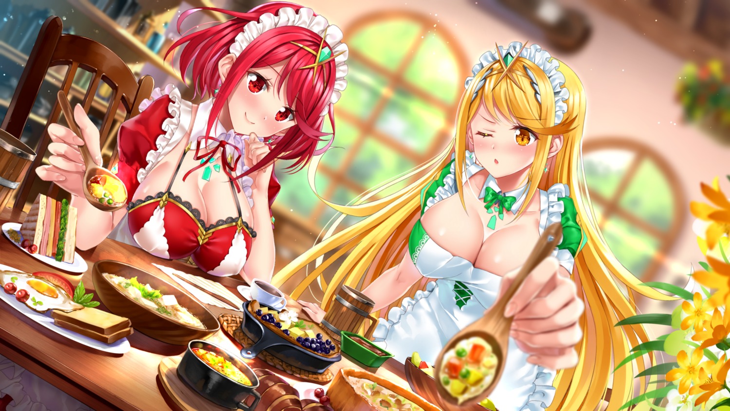 cleavage, hikari_(xenoblade_2), homura_(xenoblade_2), maid, swordsouls, wallpaper, xenoblade_(series), xenoblade_2