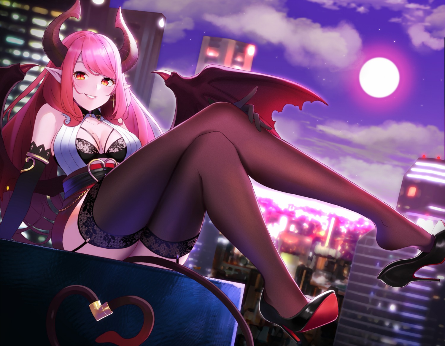 bra, cleavage, heels, horns, muma_perori, muma_perori_channel!, open_shirt, pointy_ears, retsuna, stockings, tail, thighhighs, wings