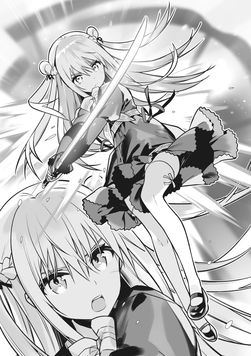 assassins_pride, dress, melida_angel, monochrome, ninomotonino, sword, thighhighs