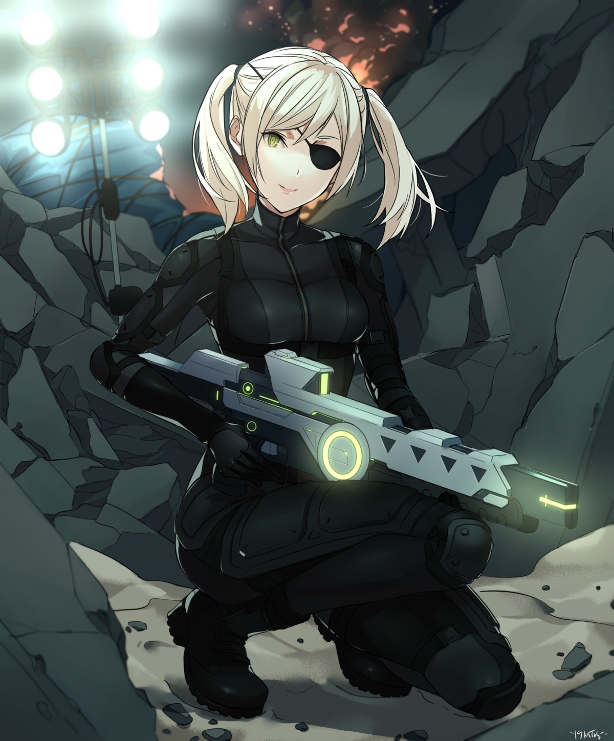 bodysuit, earth_defense_force:_iron_rain, eyepatch, gun, heels, kagetomo_midori