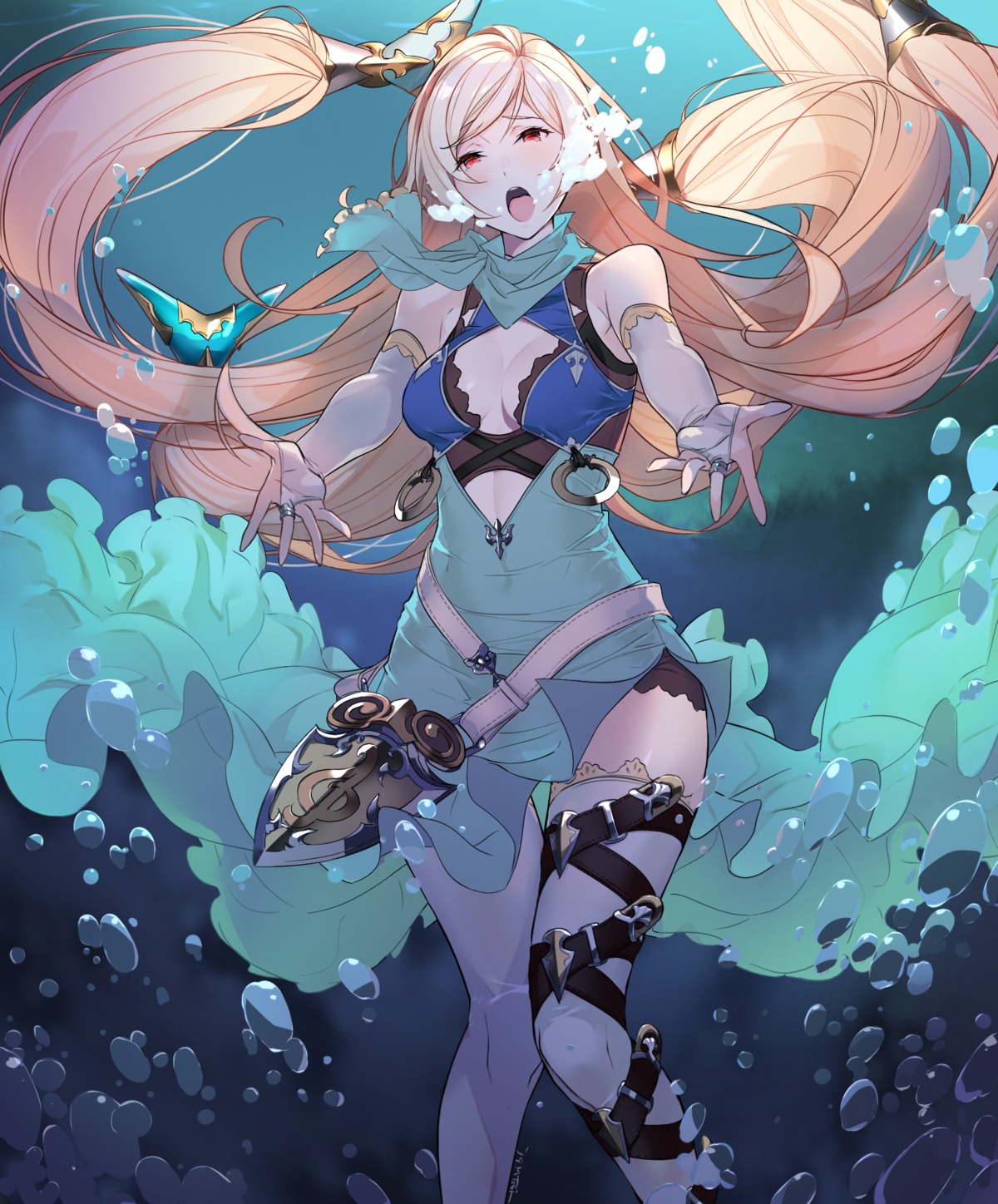 cleavage, ejaeli_(granblue_fantasy), granblue_fantasy, kagetomo_midori, skirt_lift, thighhighs
