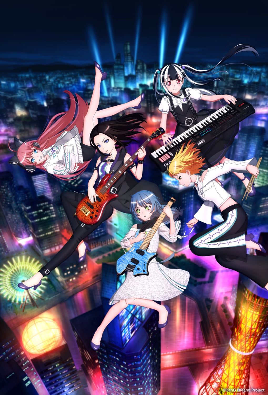 asahi_rokka, bang_dream!, digital_version, dress, guitar, headphones, heels, nyuubara_reona, satou_masuki, tagme, tamade_chiyu, wakana_rei