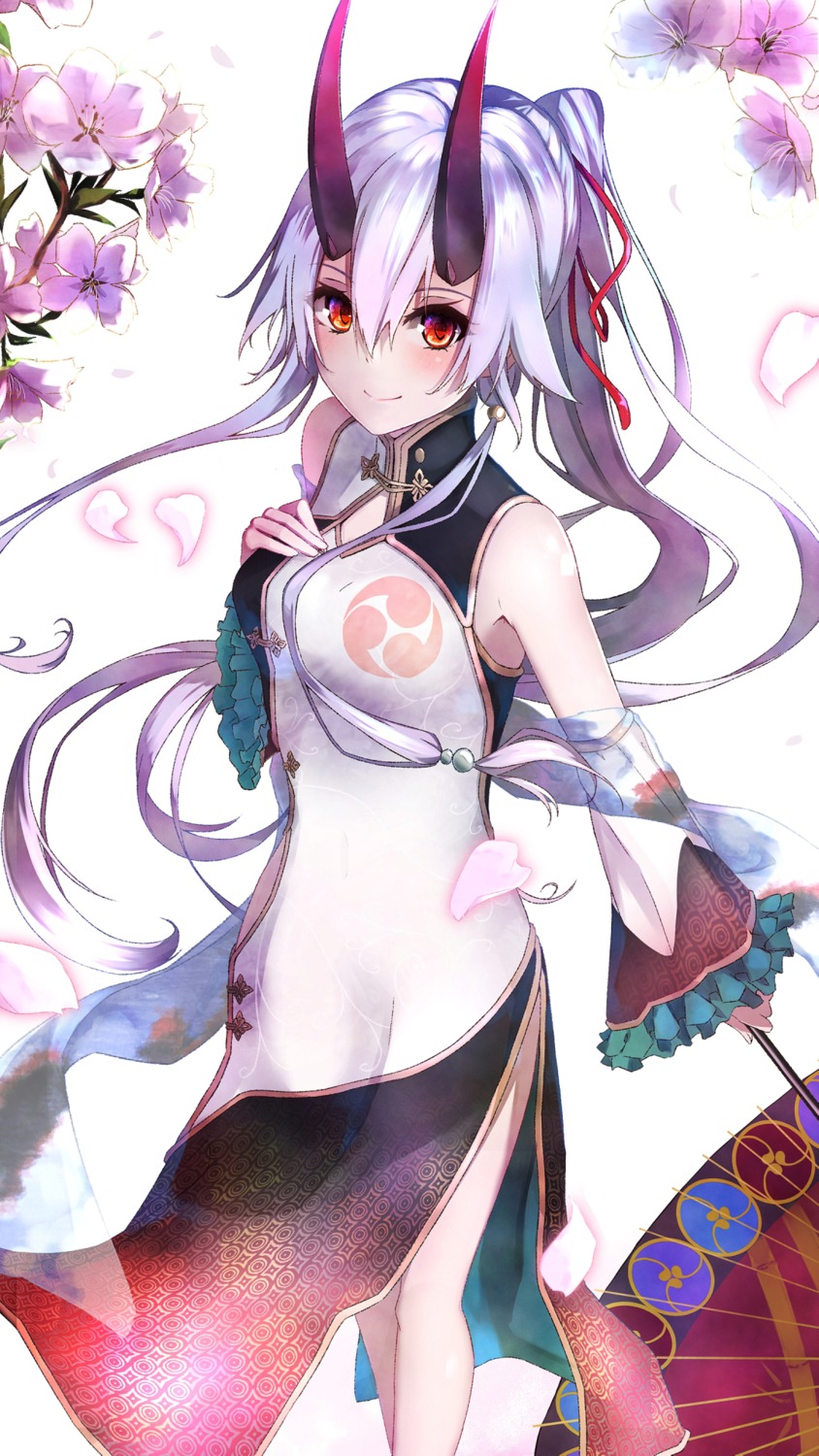 breast_hold, chinadress, fate/grand_order, horns, oriuo_q, tomoe_gozen_(fate), umbrella