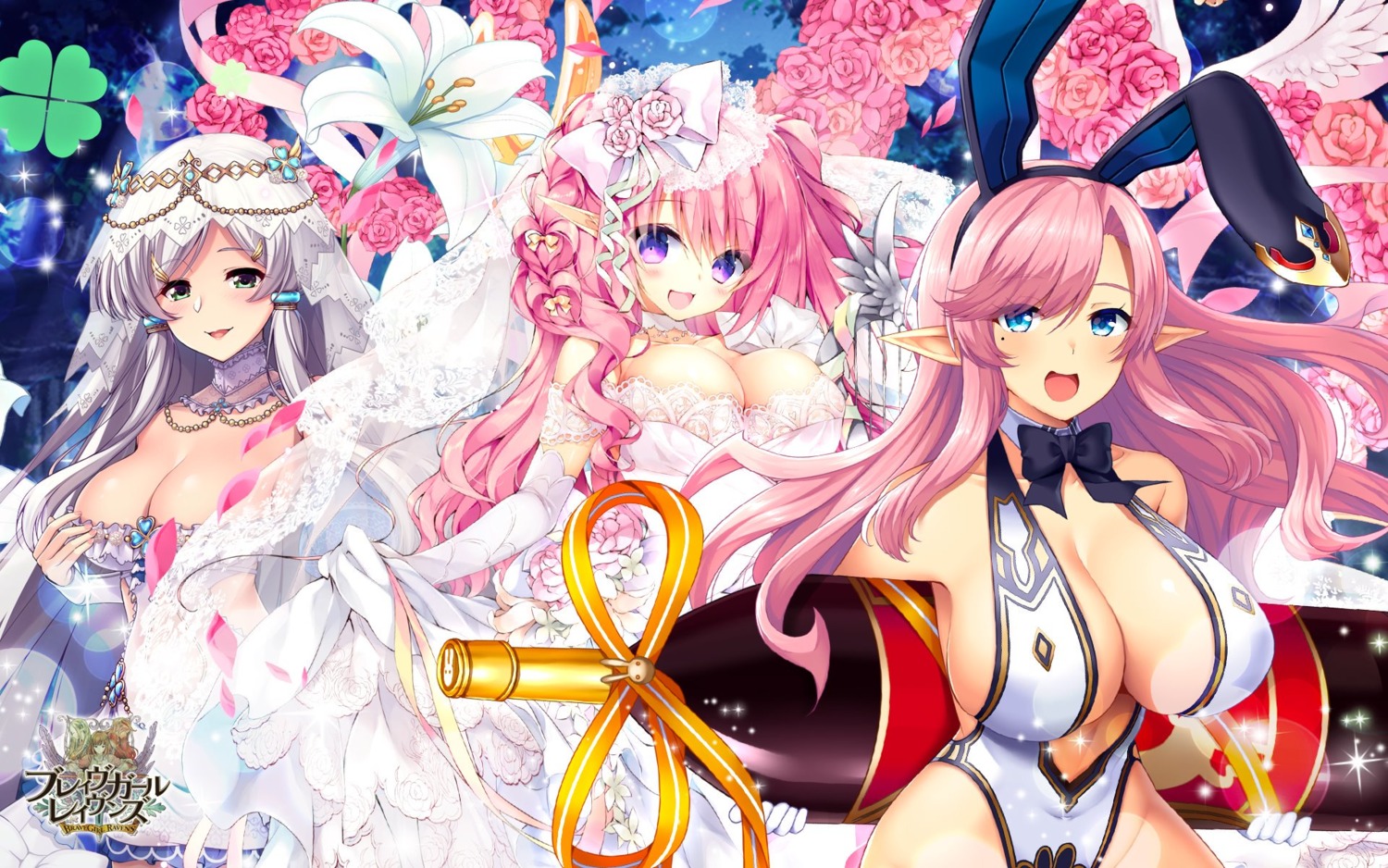 akatsuki_rabbit, animal_ears, brave_girl_ravens, bunny_ears, bunny_girl, cleavage, dress, horosuke, no_bra, pointy_ears, satsuki_misuzu, skirt_lift, wallpaper, wedding_dress