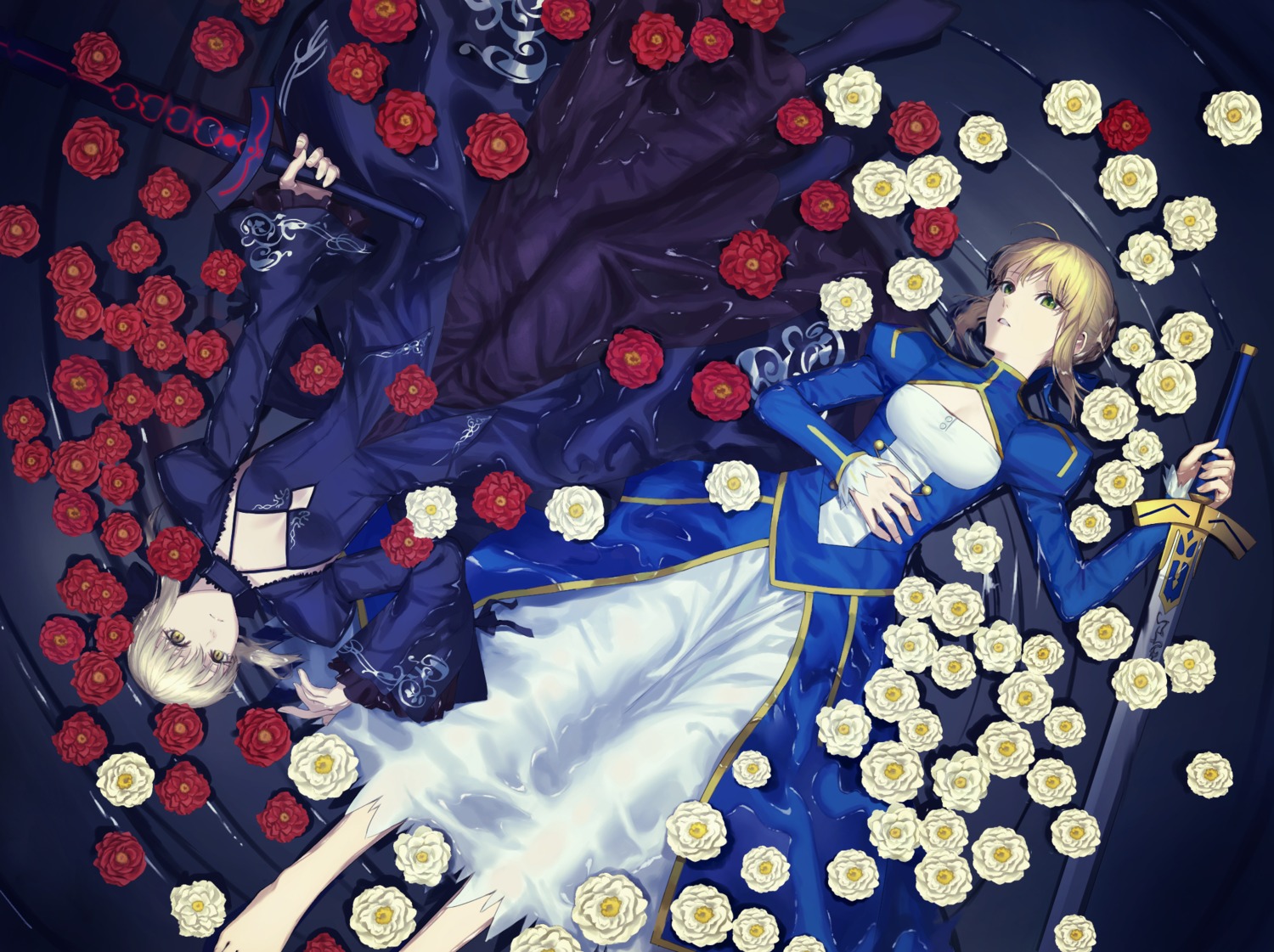 artoria_pendragon_(fate), artoria_pendragon_alter_(fate), cleavage, dress, fate/stay_night, see_through, sword, wet