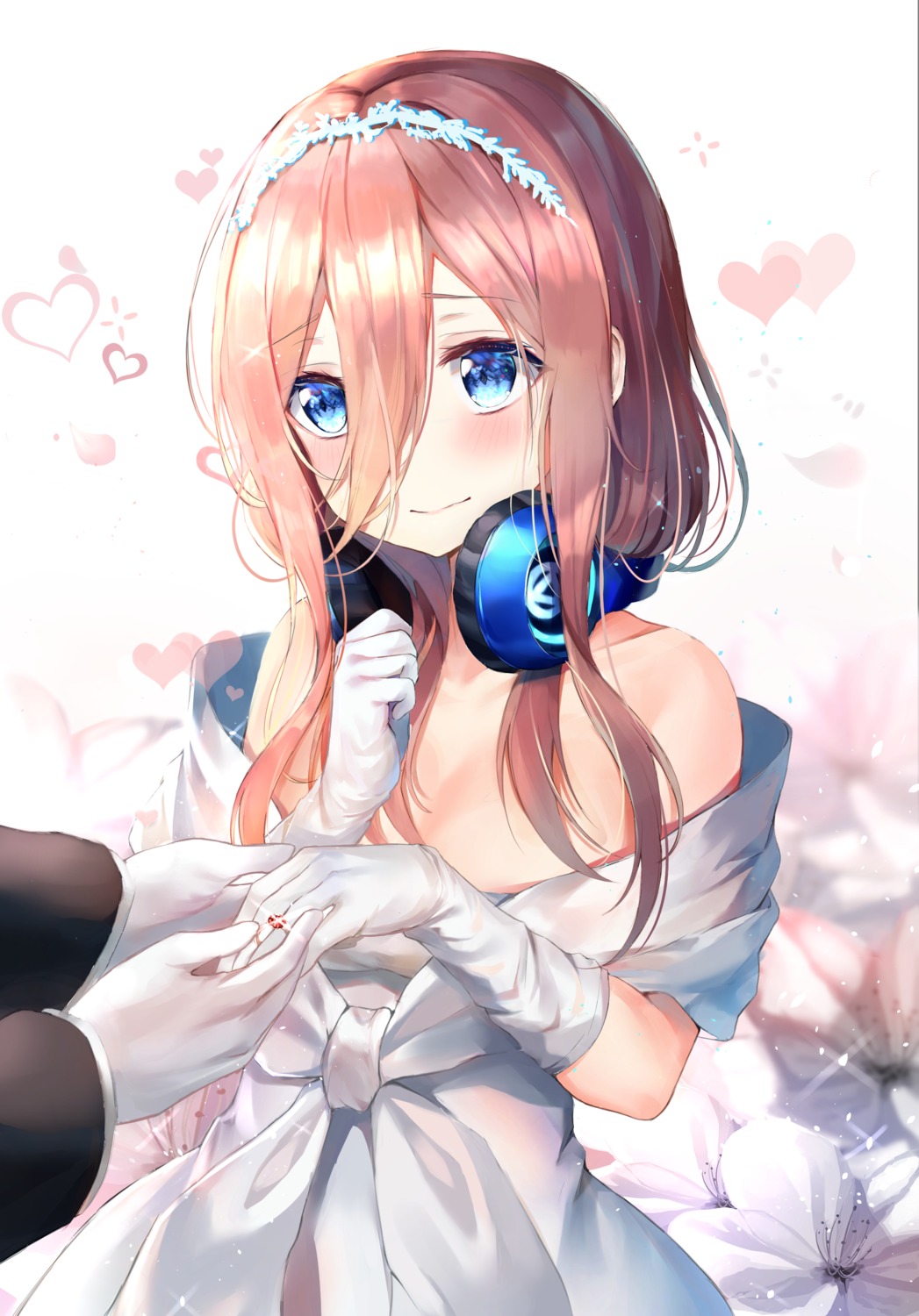 5-toubun_no_hanayome, cleavage, dress, headphones, nakano_miku, refile, wedding_dress