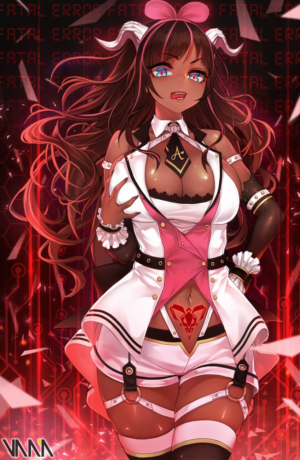 breast_grab, cleavage, horns, kizuna_ai, kizuna_ai_inc., tattoo, thighhighs, vana