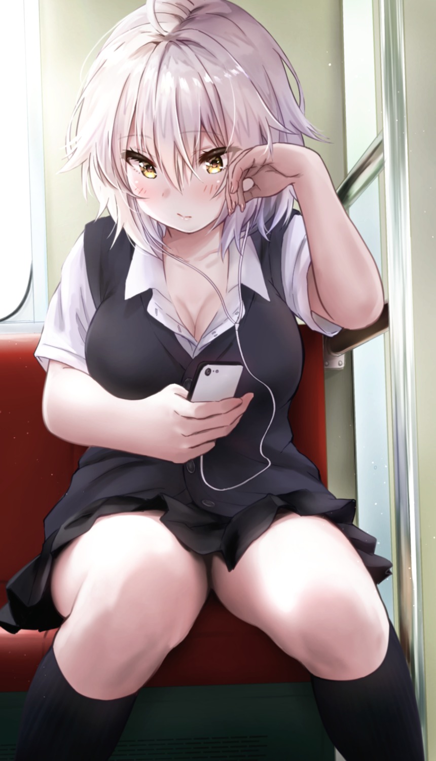 cleavage, fate/grand_order, haru_(re_ilust), headphones, jeanne_d'arc, jeanne_d'arc_alter_(fate), seifuku, sweater