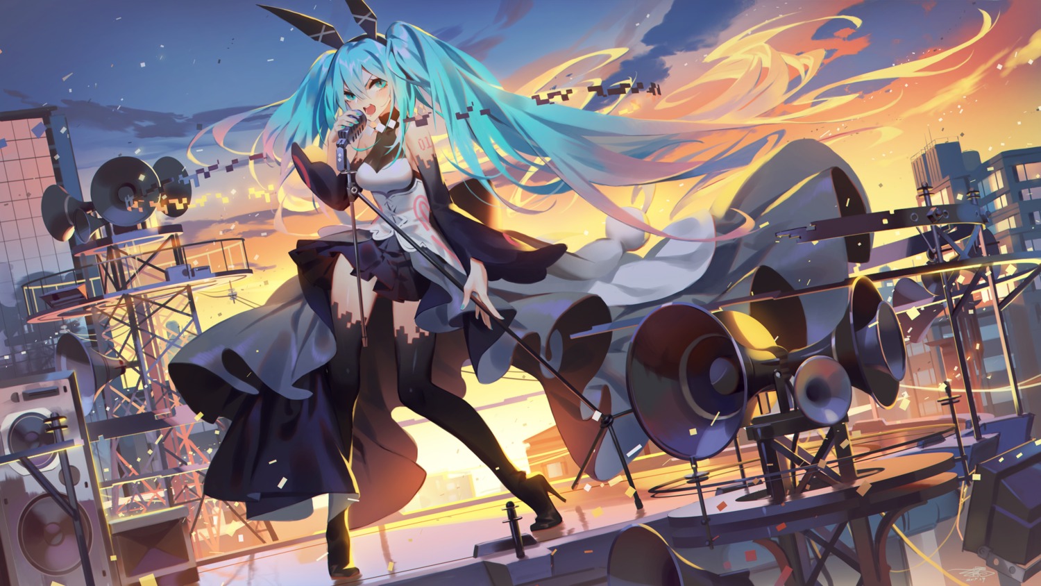 animal_ears, bunny_ears, hatsune_miku, heels, jofang, skirt_lift, tattoo, thighhighs
