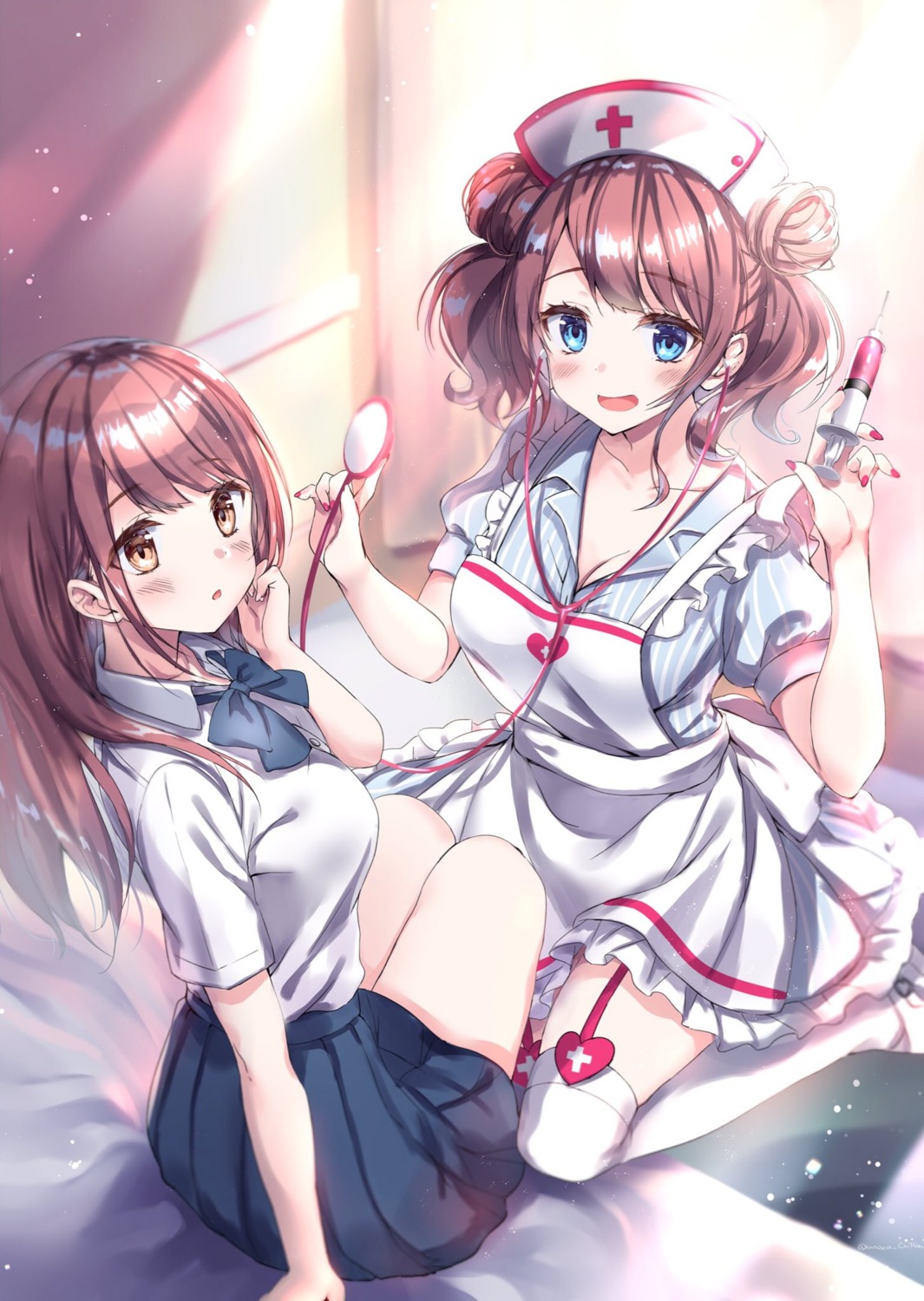 cleavage, honoka_(moe-moeko), nurse, seifuku, stockings, thighhighs