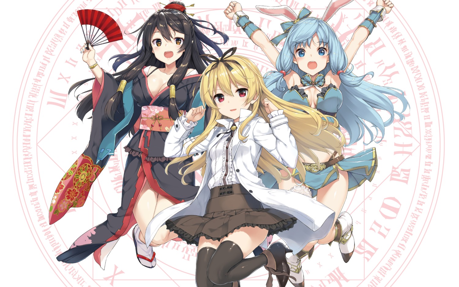 animal_ears, arifureta_shokugyou_de_sekai_saikyou, bunny_ears, cleavage, heels, japanese_clothes, open_shirt, shea_haulia