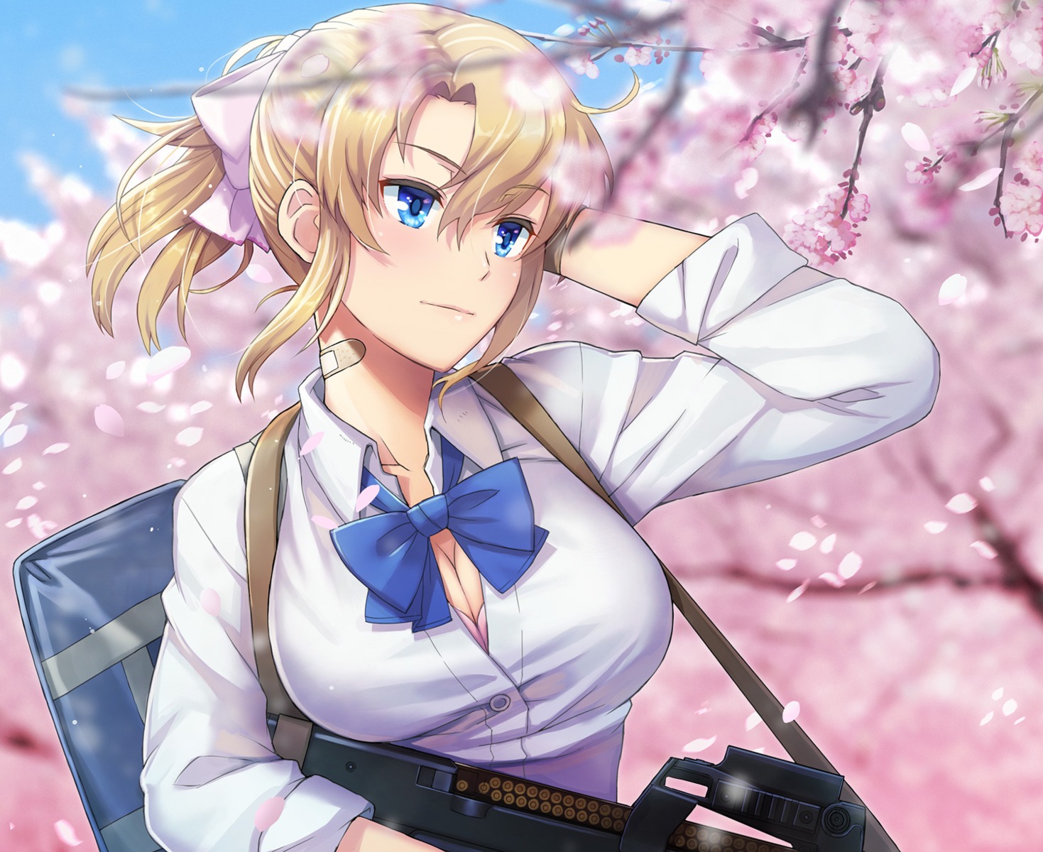 bra, cleavage, gun, itou_(onsoku_tassha), open_shirt, seifuku