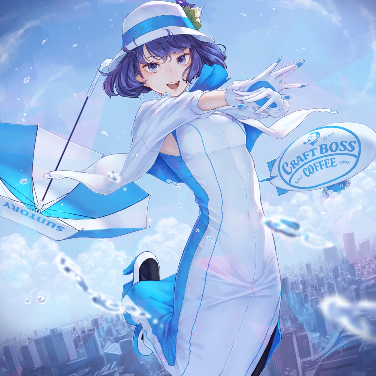 dress, heels, kaoming, santori_nomu, suntory, umbrella