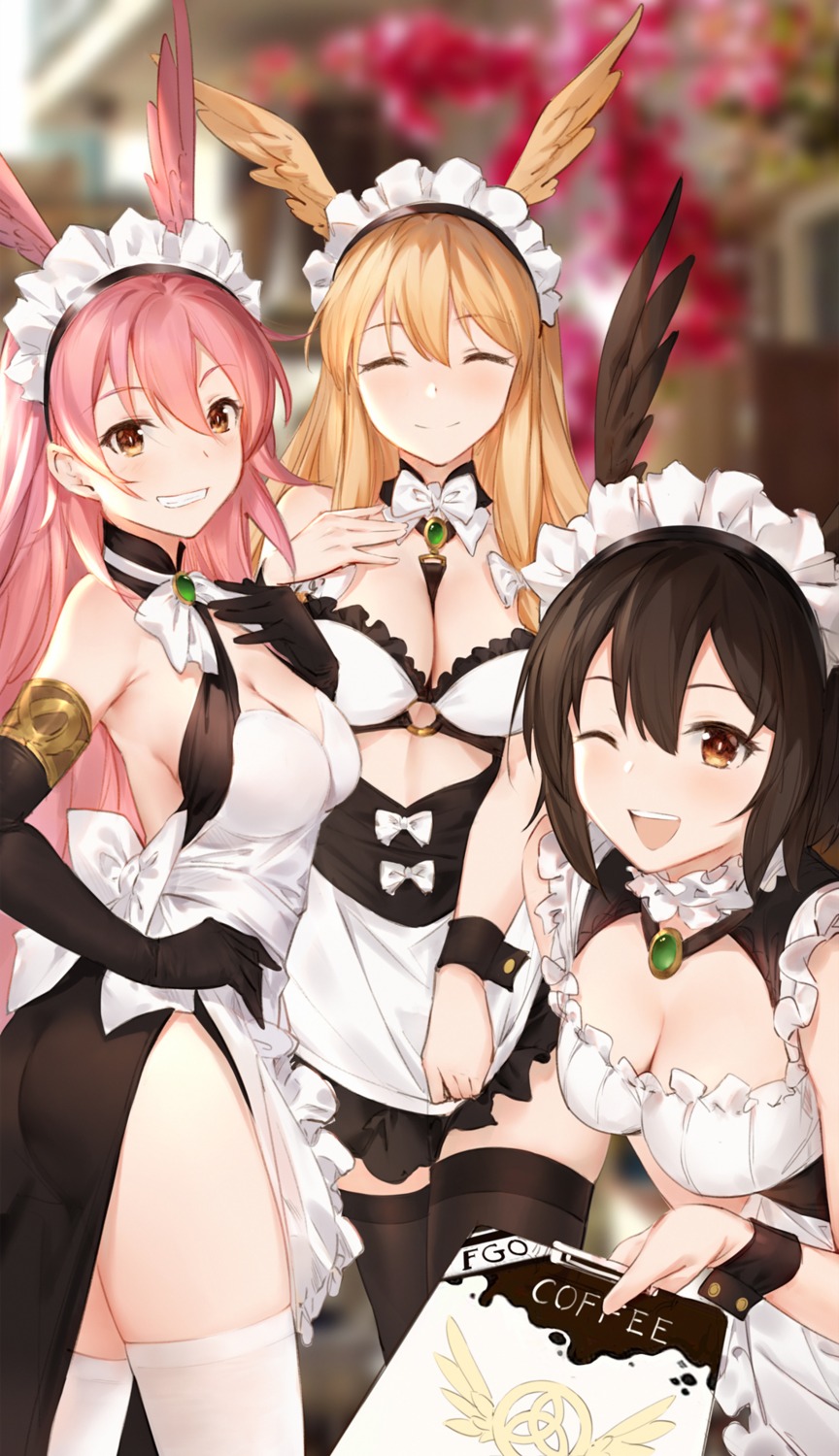 ass, cleavage, fate/grand_order, hildr_(fate/grand_order), maid, ortlinde_(fate/grand_order), thighhighs, thrud_(fate/grand_order), valkyrie_(fate/grand_order), wings, yijian_ma