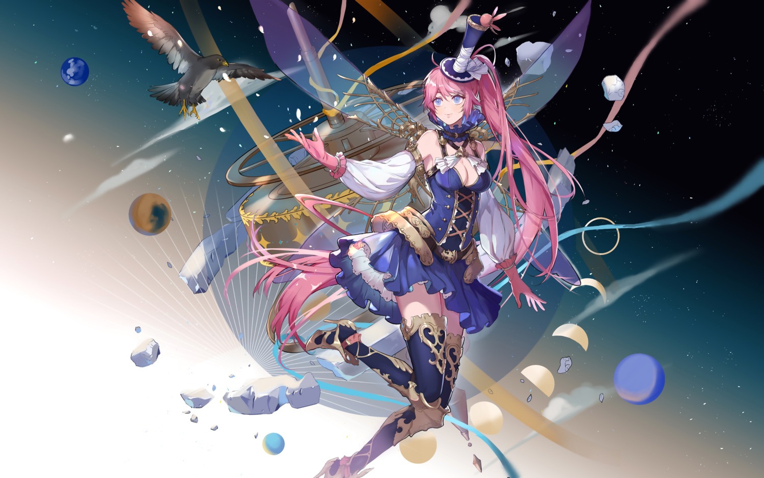 cleavage, dress, heels, kongxin_dian, skirt_lift, thighhighs, wallpaper, wings