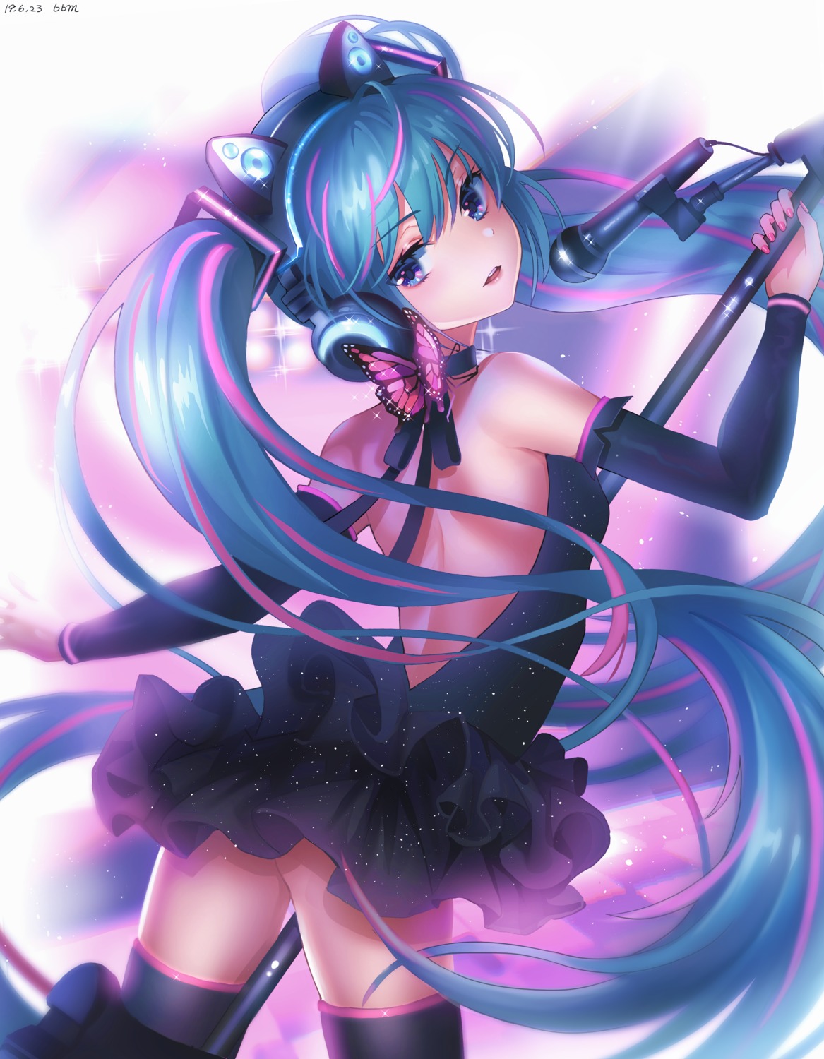blue_blood_moon, dress, hatsune_miku, headphones, no_bra, thighhighs, vocaloid