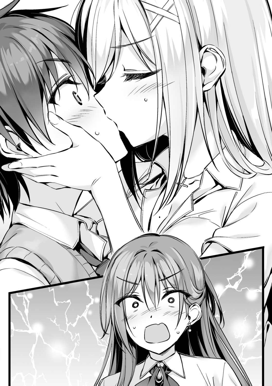 boku_no_kanojo_sensei, cleavage, dress_shirt, fujiki_maka, jinsho_karen, monochrome, open_shirt, oryou