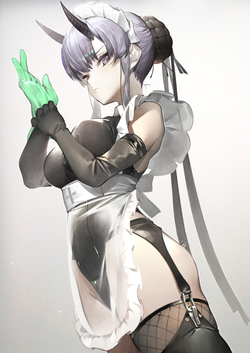 fishnets, horns, izuru_(timbermetal), leotard, maid, see_through, stockings, thighhighs