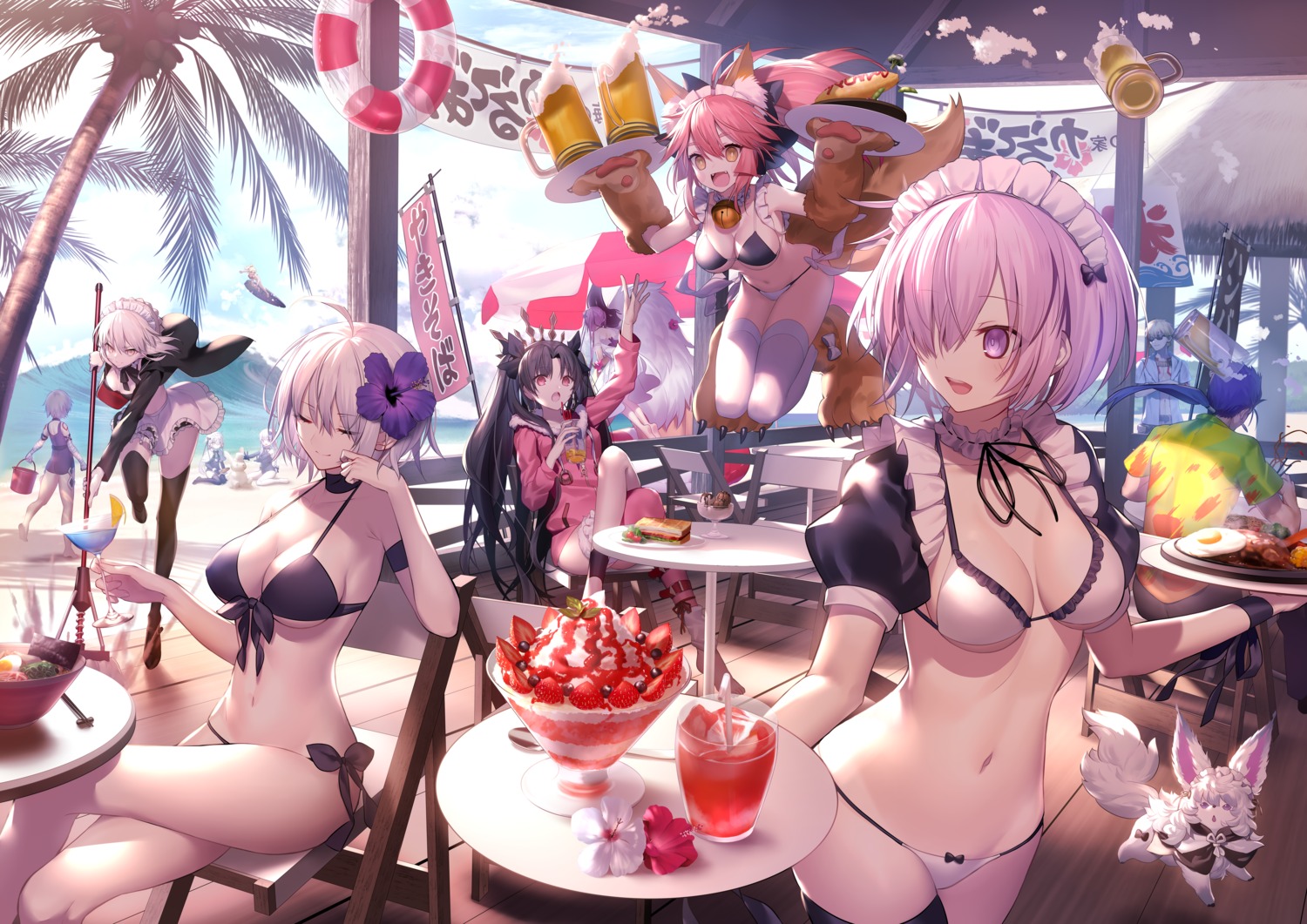 animal_ears, artist_revision, artoria_pendragon_(fate), artoria_pendragon_alter_(fate), ass, asterios_(fate/grand_order), bandages, bikini, cath_palug_(fate), cleavage, cu_chulainn_(fate), euryale, fate/grand_order, gilgamesh_(fate), ishtar_(fate), jack_the_ripper, jeanne_d'arc, jeanne_d'arc_alter_(fate), jeanne_d'arc_alter_santa_lily, kitsune, maid, mash_kyrielight, mashima_saki_(mashimasa), mordred_(fate), nursery_rhyme_(fate/extra), swimsuits, tail, tamamo_cat, tamamo_no_mae, tattoo, thighhighs, underboob, waitress