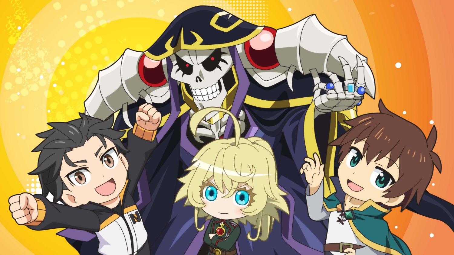 ainz_ooal_gown, crossover, isekai_quartet, kono_subarashii_sekai_ni_shukufuku_wo!, natsuki_subaru, overlord, re:zero_kara_hajimeru_isekai_seikatsu, satou_kazuma