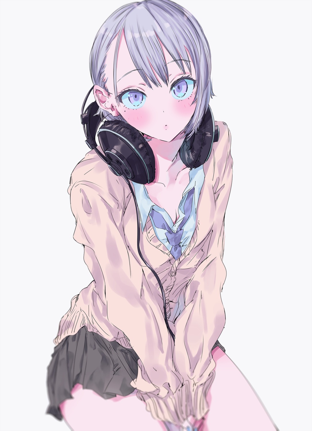 cleavage, headphones, najuco, seifuku, sweater