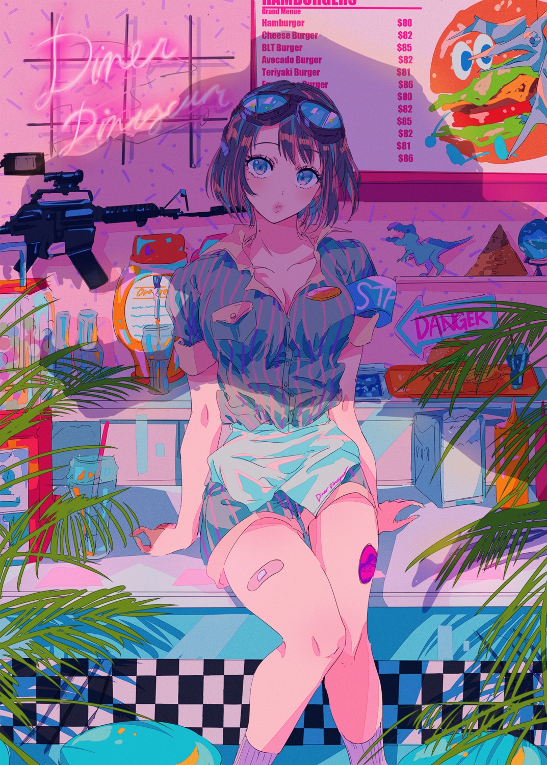 bandaid, cleavage, gun, megane, najuco, uniform, waitress
