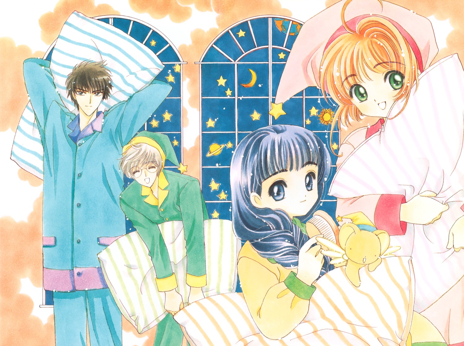 card_captor_sakura, clamp, daidouji_tomoyo, kerberos, kinomoto_sakura, kinomoto_touya, pajama, tsukishiro_yukito