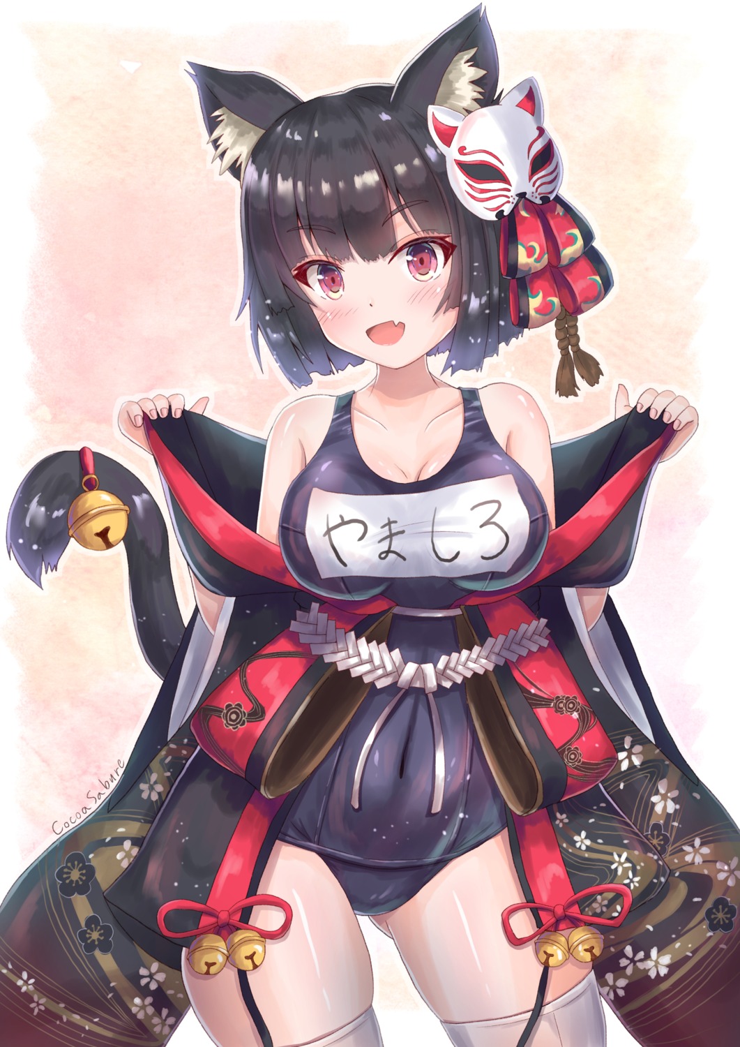 animal_ears, azur_lane, cleavage, cocoasabure, japanese_clothes, school_swimsuit, swimsuits, tail