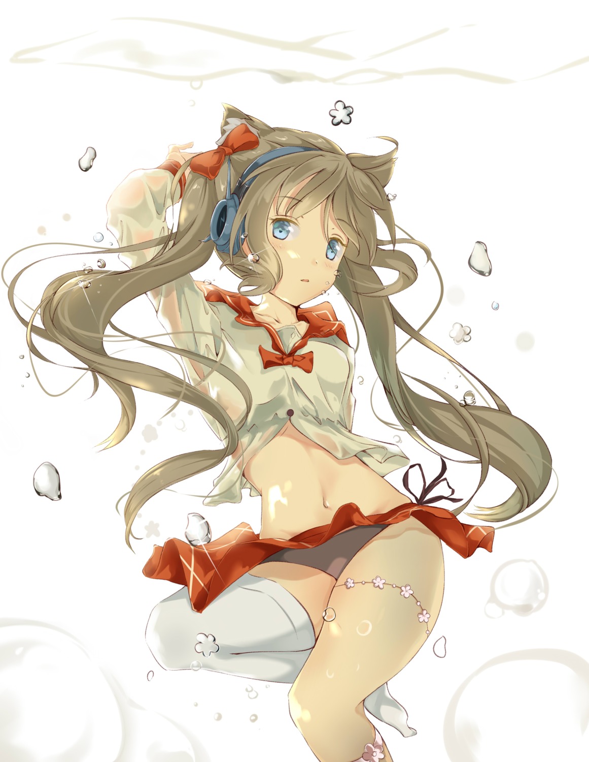 animal_ears, headphones, nekomimi, pantsu, see_through, seifuku, skirt_lift, string_panties