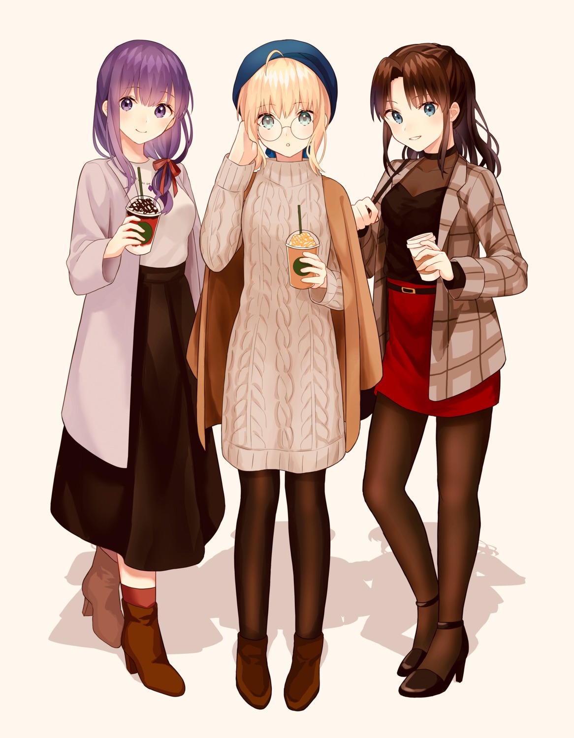 artoria_pendragon_(fate), cleavage, dress, fate/stay_night, heels, lq_saku, matou_sakura, megane