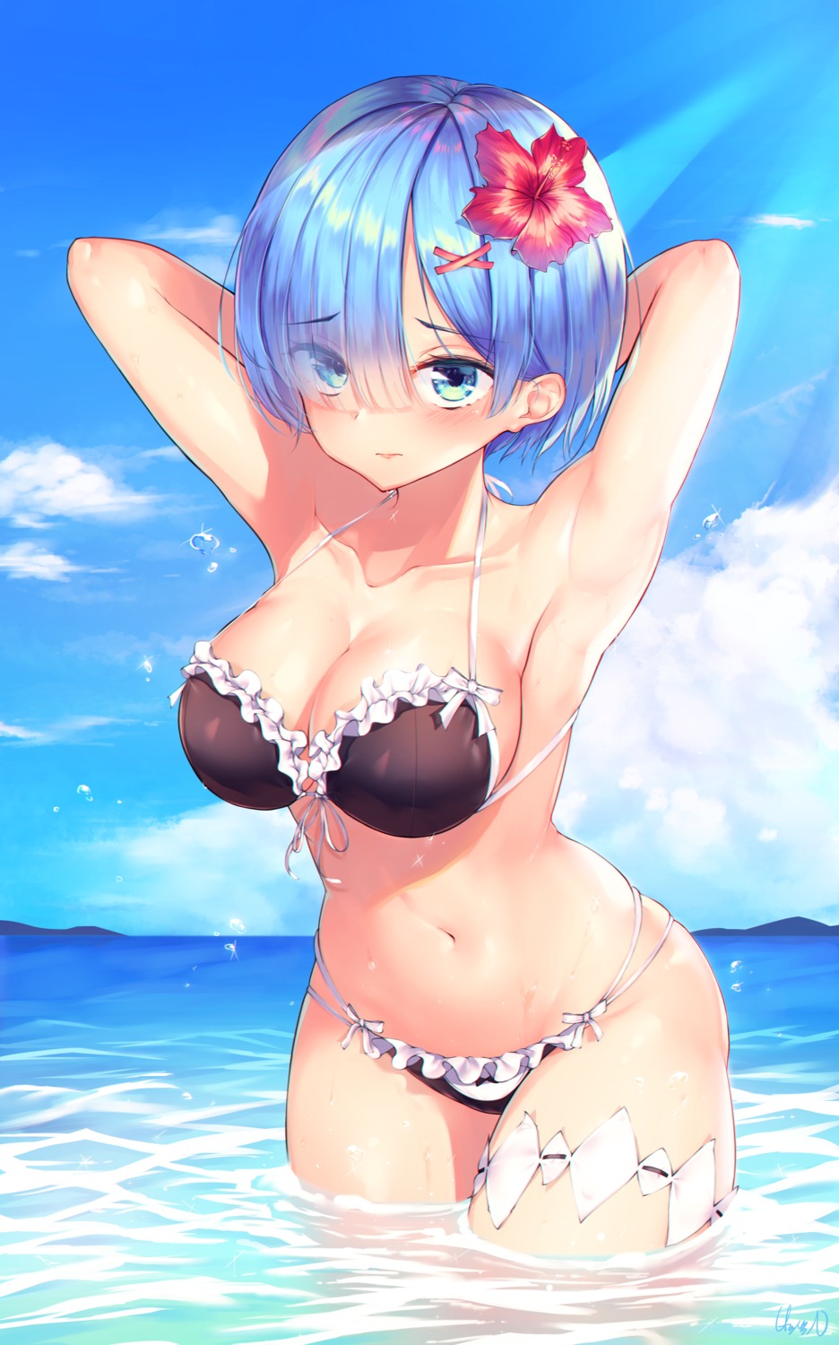 bikini, garter, hakushoku_n, re:zero_kara_hajimeru_isekai_seikatsu, rem_(re_zero), swimsuits, wet