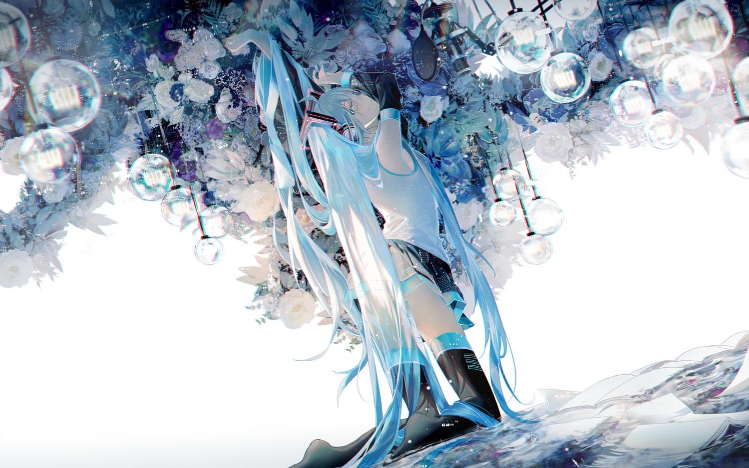 hatsune_miku, headphones, nura_orimoto, thighhighs, vocaloid