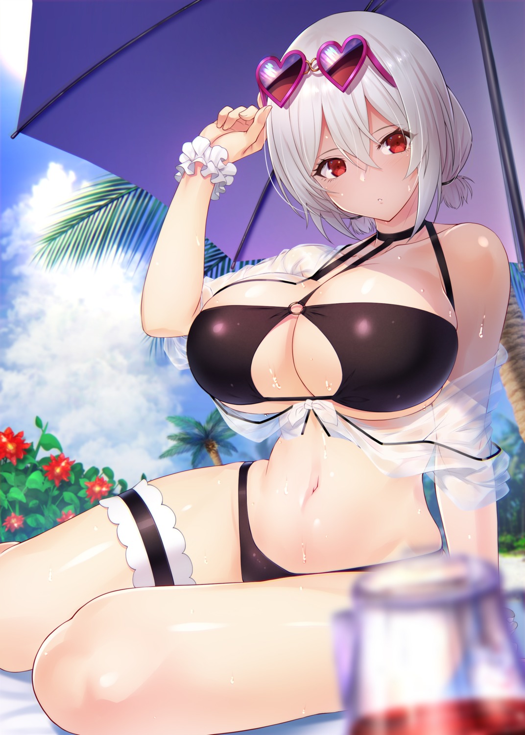 azur_lane, bikini, emanon_123, garter, megane, open_shirt, see_through, sirius_(azur_lane), swimsuits