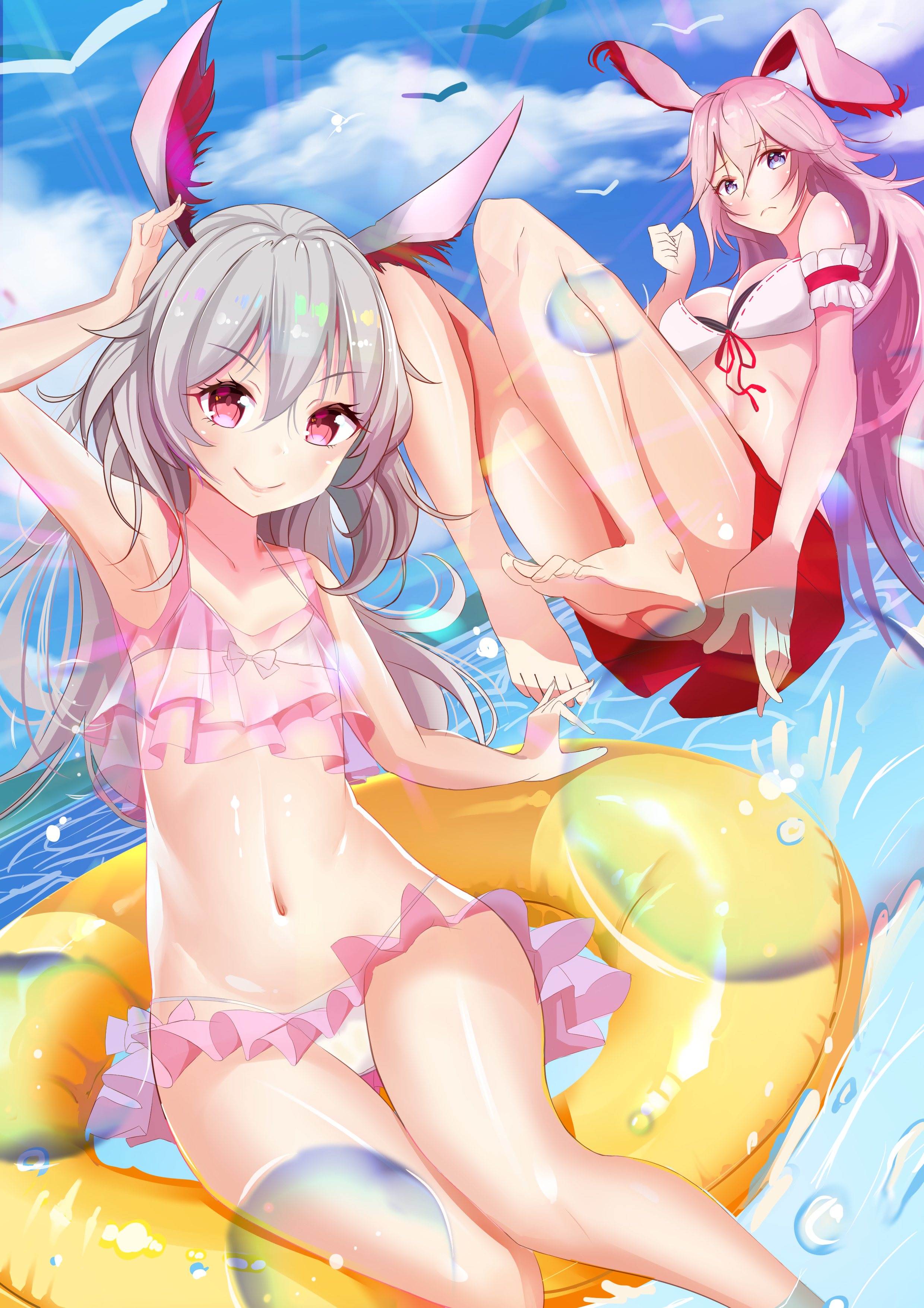 animal_ears, benghuai_xueyuan, bikini, bunny_ears, feet, honkai_impact, see_through, swimsuits, theresa_apocalypse, wet, yae_sakura_(benghuai_xueyuan), zotari