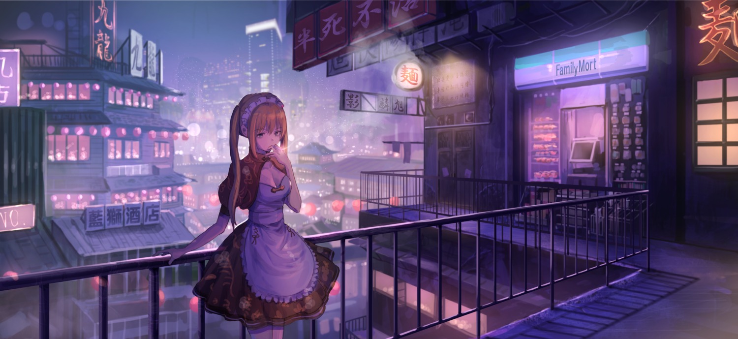 landscape, maid, nogi_momoko, smoking