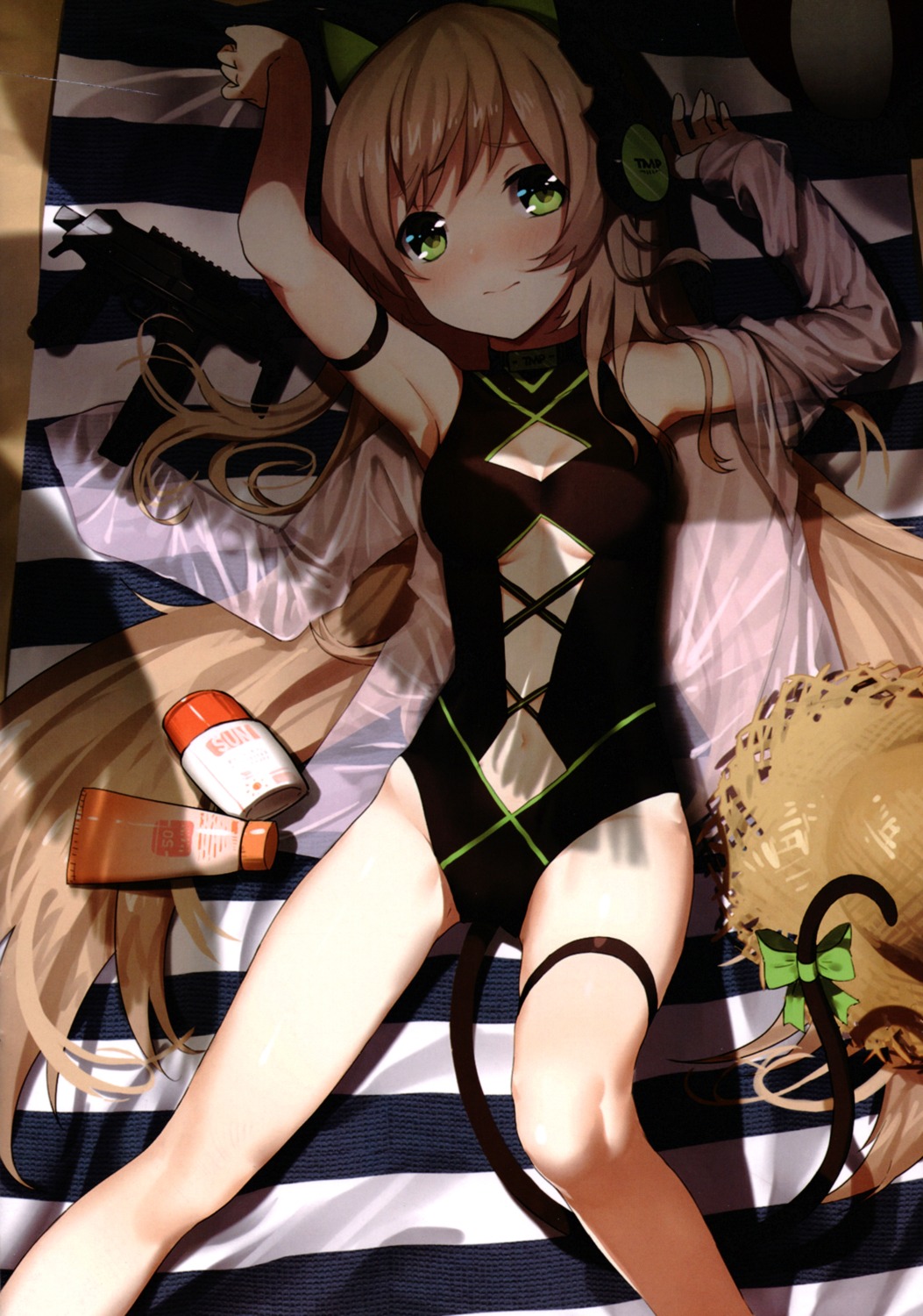 animal_ears, cleavage, garter, girls_frontline, gun, open_shirt, swimsuits, tagme, tail, tmp_(girls_frontline)